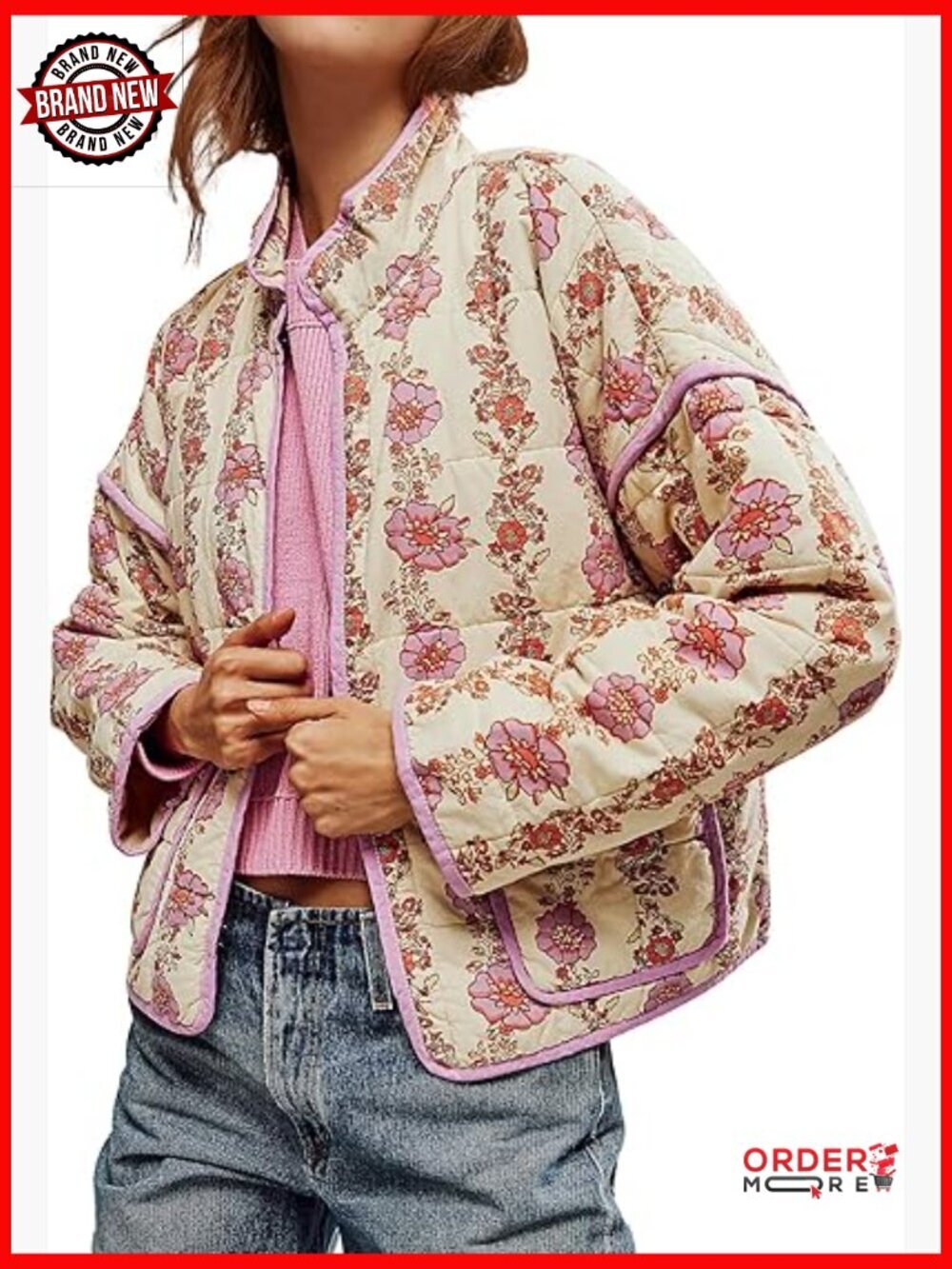 Cropped Puffer Jacket Lightweight Floral Print Quilted Winter Coat